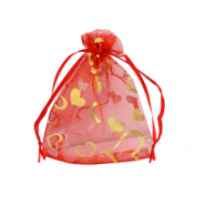 Organza sieradenzakje 7x9cm heart Red-gold