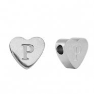 Kralen van stainless steel Roestvrij staal (RVS) hart letter P Silver