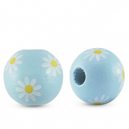 Houten kralen rond 16mm flower Light blue