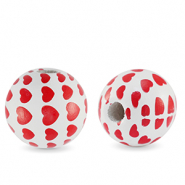 Houten kralen rond 16mm heart White-red