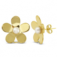 Oorbellen / oorstekers van Stainless steel Roestvrij staal (RVS) pearls flower with loop Gold
