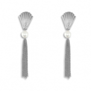 Oorbellen van Stainless steel Roestvrij staal (RVS) oorstekers shell with imitation pearls Silver
