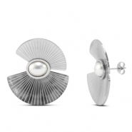 Oorbellen van Stainless steel Roestvrij staal (RVS) oorstekers fans with imitation pearls Silver