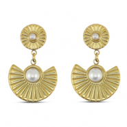 Oorbellen van Stainless steel Roestvrij staal (RVS) oorstekers fan with imitation pearls Gold