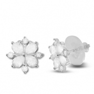 TQ metaal brass oorbellen / oorstekers zirkonia flower Silver