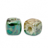 Grieks keramiek DQ kralen cube 8mm Peacock green-beige brown