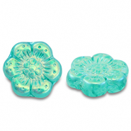 Tsjechische kralen boho flower 14mm Transparent turquoise green-AB coating