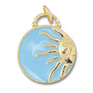 Brass TQ metaal bedels round with sun Gold-light blue