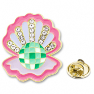 Pins oyster with rhinestones Dark pink-lilac purple-green