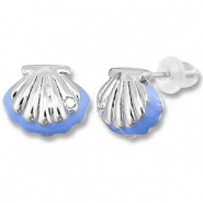 TQ metaal brass oorbellen / oorstekers shell Silver-carolina blue