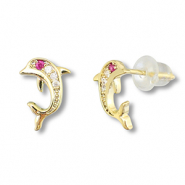 TQ metaal brass oorbellen / oorstekers dolphin Gold-dark pink