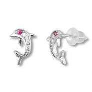 TQ metaal brass oorbellen / oorstekers dolphin Silver-dark pink