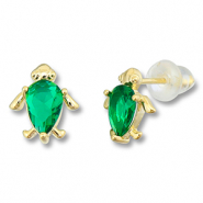 TQ metaal brass oorbellen / oorstekers turtle Gold-green