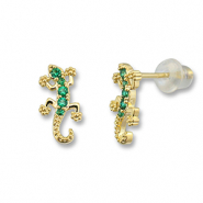 TQ metaal brass oorbellen / oorstekers lizard Gold-green