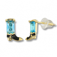 TQ metaal brass oorbellen / oorstekers cowboy boot Gold-light blue