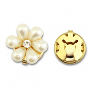 Eco-brass&reg; metaal button covers pearls flower Gold-white-crystal