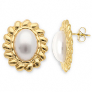 Oorbellen van Stainless steel Roestvrij staal (RVS) oorstekers oval Gold-white