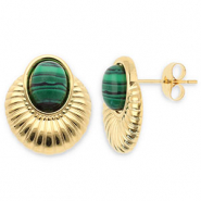Oorbellen van Stainless steel Roestvrij staal (RVS) oorstekers oval Gold-dark green-black