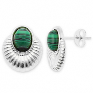 Oorbellen van Stainless steel Roestvrij staal (RVS) oorstekers oval Silver-dark green-black