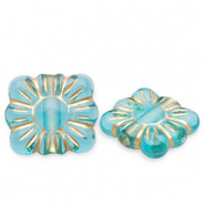 Kralen van acryl rectangle with flower Teal blue-gold