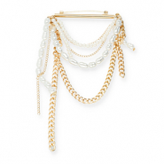 Statement broches bar with chain and pearls Gold-white