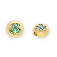 Metaal kralen DQ round with clover Goud-glitter turquoise (Nikkelvrij)