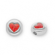 Metaal kralen DQ round with heart Antiek zilver-glitter red (Nikkelvrij)