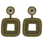 Musthave oorbellen / oorstekers met glaskralen square Olive green
