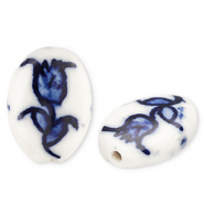Keramiek kraal oval with tulip Off white-Delft blue