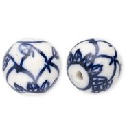 Keramiek kraal 15mm with leaf Off white-Delft blue