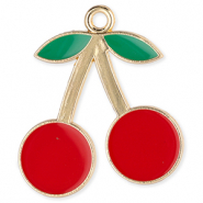 Metaal bedels cherries Gold-red-green