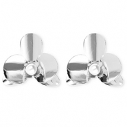 Statement oorbellen / oorstekers flower with imitation pearl met RVS steker Silver-white
