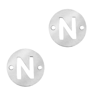 Bedels van Stainless steel Roestvrij staal (RVS) tussenstuk rond 10mm initial coin N Zilver