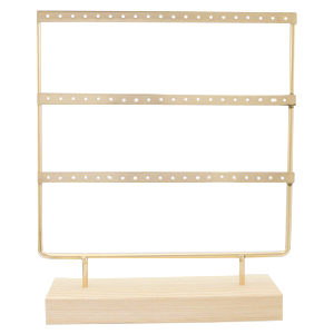 Sieraden display drie rijen voor oorbellen met houten voet Natural-gold
