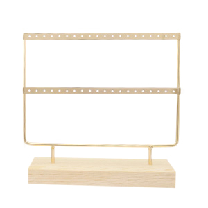 Sieraden display twee rijen voor oorbellen met houten voet Natural-gold