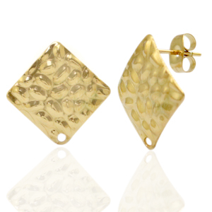 Oorbellen van Stainless steel Roestvrij staal (RVS) oorsteker square hammered met oogje Goud