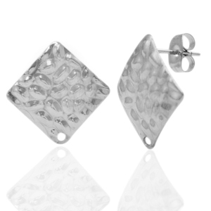 Oorbellen van Stainless steel Roestvrij staal (RVS) oorsteker square hammered met oogje Zilver