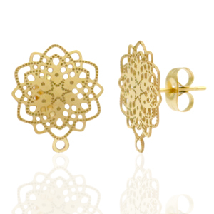 Oorbellen van Stainless steel Roestvrij staal (RVS) oorsteker bohemian flower met oogje Goud