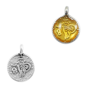 Metaal bedels DQ religieus muntje Antiek zilver-yellow transparant (nikkelvrij)