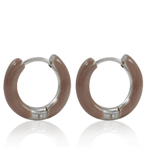 Oorbellen van Stainless steel Roestvrij staal (RVS) creolen enamel 16mm Rosewood brown-silver