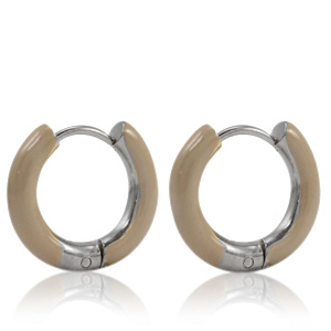 Oorbellen van Stainless steel Roestvrij staal (RVS) creolen enamel 16mm Beige brown-silver