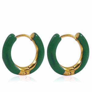 Oorbellen van Stainless steel Roestvrij staal (RVS) creolen enamel 16mm Sacramento green-gold