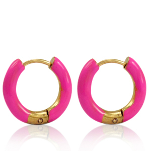 Oorbellen van Stainless steel Roestvrij staal (RVS) creolen enamel 16mm Berry pink-gold
