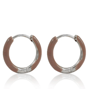 Oorbellen van Stainless steel Roestvrij staal (RVS) creolen enamel 14mm Rosewood brown-silver