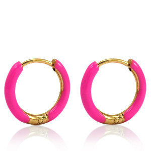 Oorbellen van Stainless steel Roestvrij staal (RVS) creolen enamel 17mm Berry pink-gold