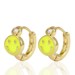TQ metaal brass oorbellen creolen enamel smiley Yellow crystal-gold