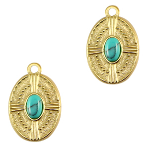 Bedels van Stainless steel Roestvrij staal (RVS) oval met natuursteen Gold-turquoise