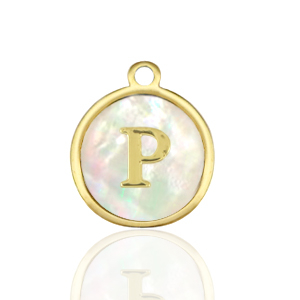 Bedels van Stainless steel Roestvrij staal (RVS) bedels 12mm shell initial&nbsp;P White (natuurlijke kleur)-gold