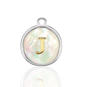 Bedels van Stainless steel Roestvrij staal (RVS) bedels 12mm shell initial&nbsp;J White (natuurlijke kleur)-silver