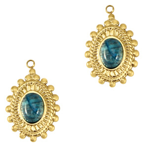 Bedels van Stainless steel Roestvrij staal (RVS) oval with natural stone Gold-marble blue